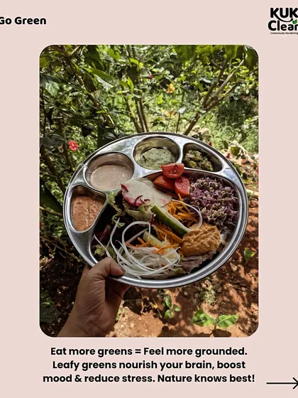 A balanced thali is a perfect example of a healthy plate. This one includes red rice, various vegetable preparations, and different chutneys, all surrounded by nature. Eating more greens helps you feel more grounded.