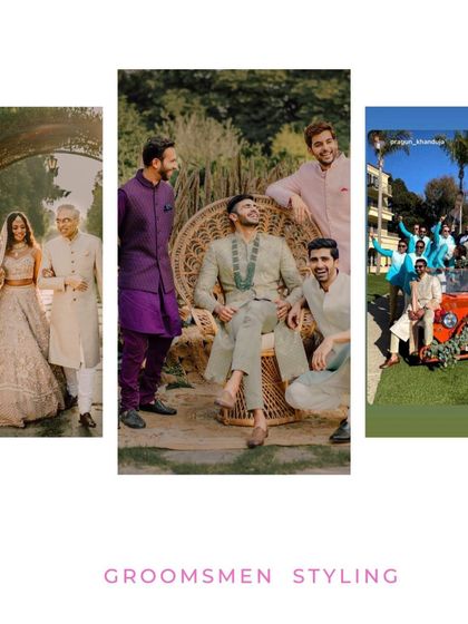 A collage showcasing our groomsmen styling. From classic kurtas in vibrant colors to coordinated sherwanis, we ensure the groom's crew looks sharp and stylish.