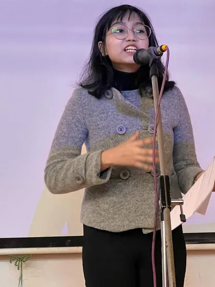 A student performer at a slam poetry event we judged at Gargi College. We are always impressed by the talent we witness at university events.