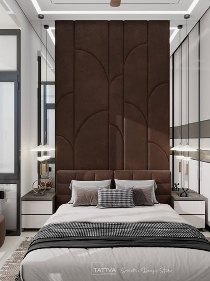 This luxurious bedroom render highlights a tall, upholstered headboard, floor-to-ceiling windows, and a sophisticated color palette for a high-end feel.