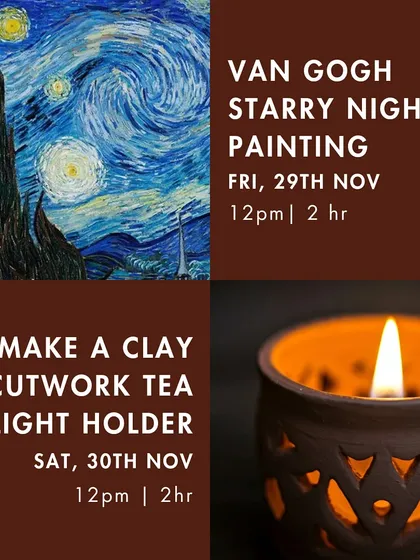 November's schedule included a "Van Gogh Starry Night" painting session and a clay cutwork tea light holder workshop.