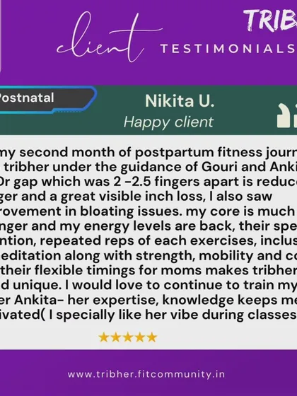 This testimonial from Nikita, a happy client, shows the real impact of our program. She shares her progress in reducing her diastasis recti gap, losing inches, and regaining her energy levels, highlighting the unique, holistic approach of our classes.