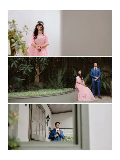 A three-panel collage from an engagement shoot. It captures the couple in different settings around the venue, from a quiet garden corner to a playful moment by a window.