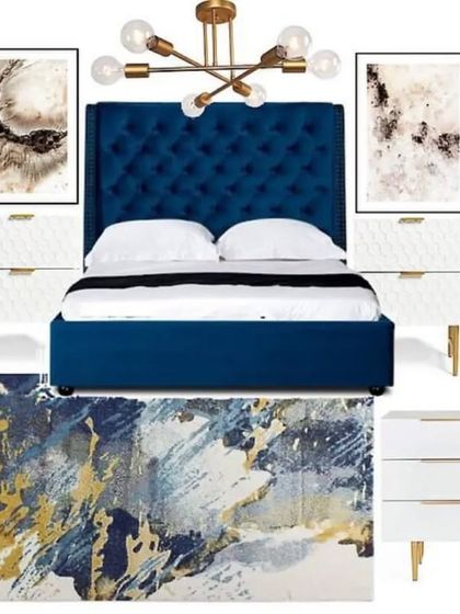 A master bedroom mood board featuring a bold blue tufted bed, complemented by white and gold accents and abstract art for a chic and modern look.