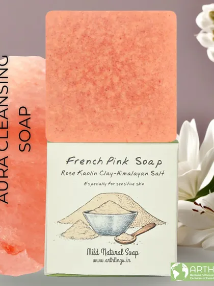 A closer look at our French Pink Soap, designed for aura cleansing. The combination of Himalayan Pink Salt and Rose Kaolin Clay helps remove negative energies and purify your spirit.