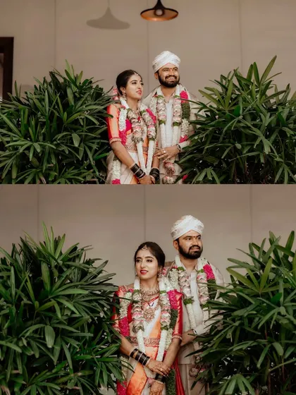 A collage of the wedding couple, blending formal poses with the natural environment of their wedding venue.