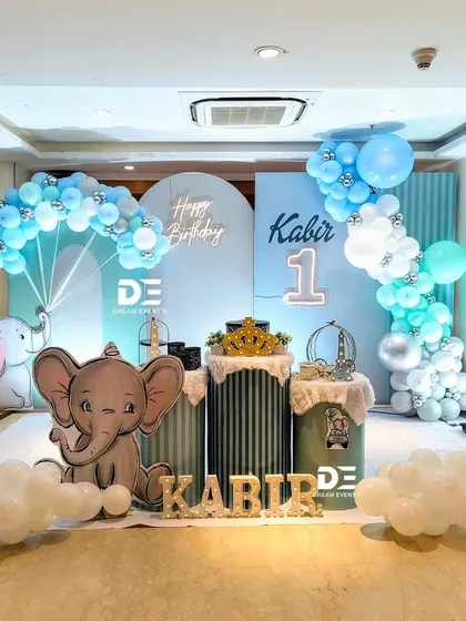 Soft, dreamy, and perfect for a first birthday. This baby elephant theme uses a gentle pastel blue and white color palette, with fluffy clouds made of balloons and a charming elephant cutout to create a serene and loving atmosphere for your little one's special day.