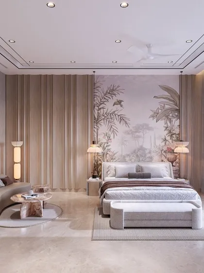 This wide view of a bedroom concept shows a large, serene wallpaper mural behind the bed, complemented by fluted wall panels and a curved sofa. The room feels spacious, light, and luxurious.