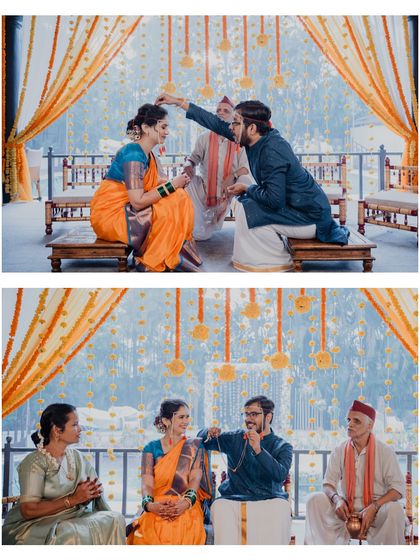 A collage showing the couple during their puja, surrounded by family. These shots highlight the cultural richness and familial involvement in the ceremony.