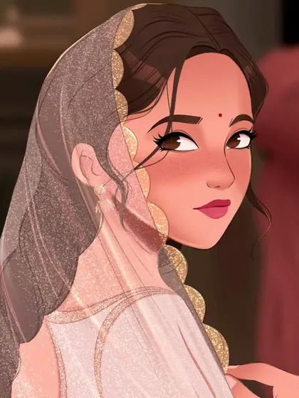 A close-up of the movie scene photo study, highlighting the character's soft expression and the delicate details of her sheer dupatta.