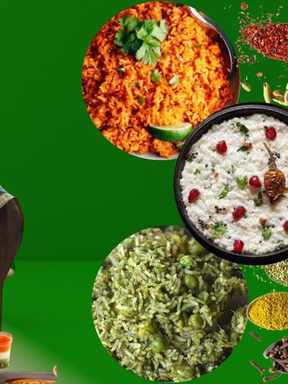 Rice is a staple, and we prepare it in many delicious ways. Here you can see some of our variety rice options like flavorful tomato rice, cooling curd rice, and a healthy mint rice, perfect for a quick and tasty lunch.