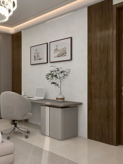 This minimalistic kids’ room is defined by simplicity and efficiency. It features integrated storage solutions and a wall mounted study desk, all within a restrained color palette to optimize space and maintain order.