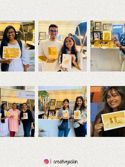 More smiling faces and their unique coffee paintings, featuring everything from animals to abstract designs, created during my popular workshops.