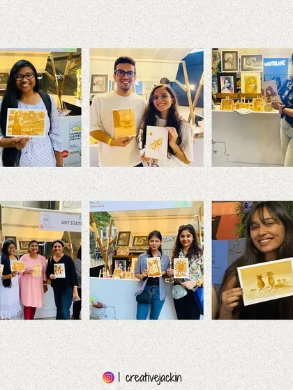 More smiling faces and their unique coffee paintings, featuring everything from animals to abstract designs, created during my popular workshops.