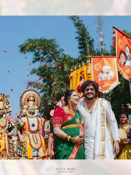 Capturing the grand scale and vibrant energy of a traditional Seemantha procession. This shot shows the joyful celebration with folk performers, showcasing how I document not just the couple, but the entire festive atmosphere of the day.