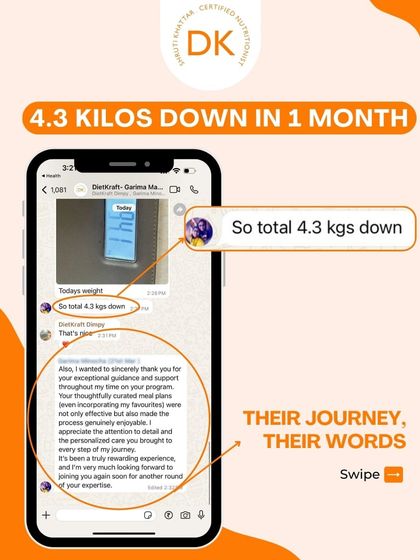"So total 4.3 kgs down." This screenshot from a client shows the clear, measurable progress we track. Her feedback highlights the personal care and attention to detail I bring to every plan.