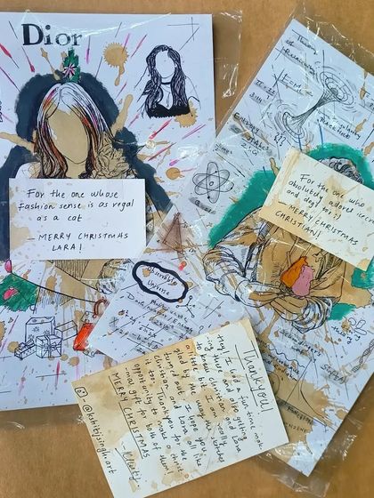 A couple of custom Christmas gift illustrations packaged and ready to go. Each one came with a personalized, hand-written note.