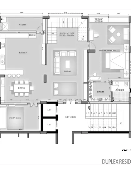 The second floor plan of the duplex, detailing the main living, dining, and kitchen areas. The layout emphasizes open-concept living while maintaining a clear sense of purpose for each space.
