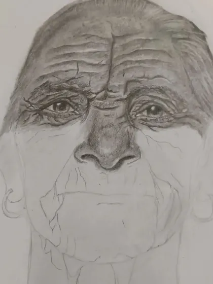 This is an early stage of the 'wrinkles' portrait, where the initial layers of shading are applied to define the facial structure. This shows how we build up depth gradually.