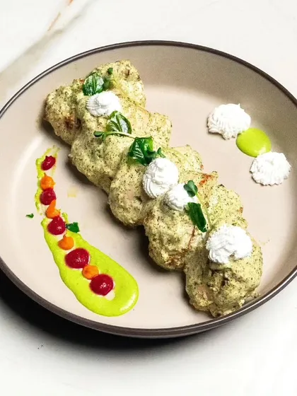 An example of our artfully plated appetizers, where colours, textures, and flavours come together to create a delightful bite.