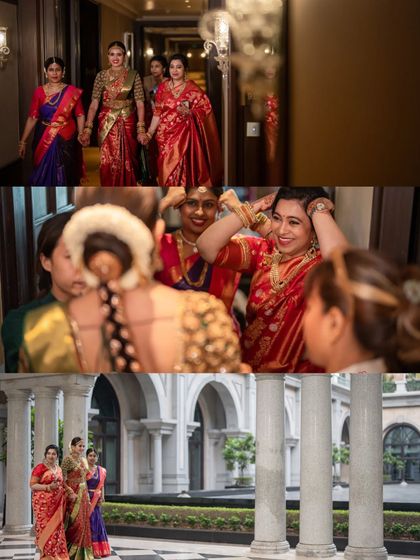 The bride's squad! I helped the bride and her bridesmaids get ready, ensuring their beautiful silk sarees were draped perfectly. Coordinating the bridal party is a key part of creating a visually stunning wedding.