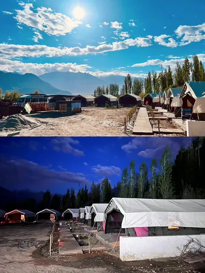 Our campsite in Nubra Valley, from day to night. We choose stays that offer comfort while keeping you close to nature, complete with starry skies.