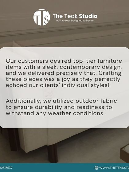 A testimonial graphic featuring our minimalist daybed-style sofa. The text highlights our ability to deliver on a client's desire for sleek, contemporary designs using durable, high-quality materials like outdoor fabric.
