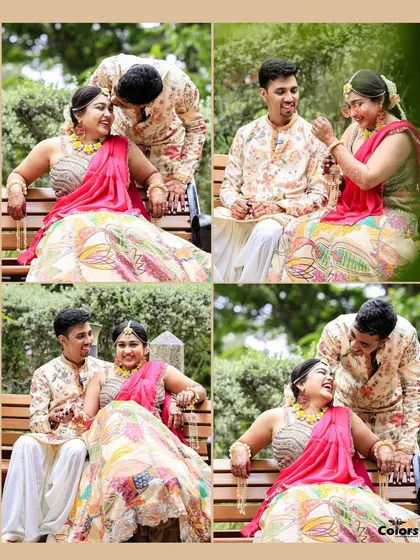 A collage of candid moments from the ceremony, showing playful interactions and loving glances.