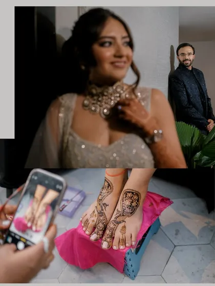 Capturing details from different angles, from the bride's feet adorned with mehndi to a candid portrait as she gets ready for her celebration.