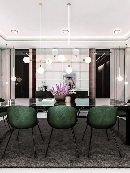 A concept for a sophisticated dining area. The design features a dark marble floor, a large glass-topped table, and bold green chairs, all illuminated by a modern pendant light fixture.