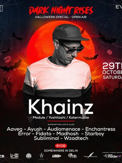 The flyer for our 'Dark Night Rises' Halloween special, an open-air BYOB event featuring minimal maestro Khainz from Switzerland.