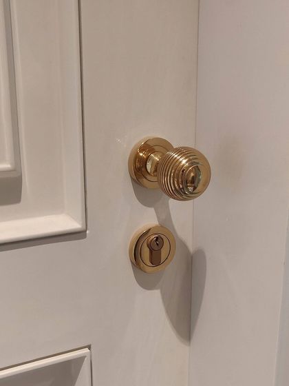 The Beehive Mortise Knob in Polished Brass, installed at a luxurious residence in The Camellias, Gurugram. The intricate, beehive-inspired turning adds a touch of opulence and classic detail.