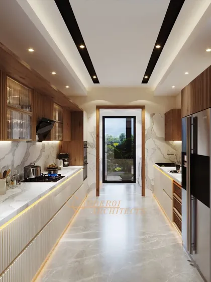 This perspective emphasizes the length of the kitchen and the smart use of vertical space for storage, keeping the countertops clear.