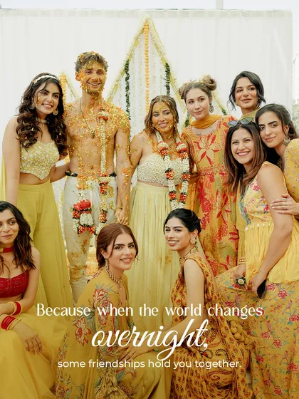 Because when the world changes overnight, some friendships hold you together. The bride surrounded by her squad, a beautiful portrait of love and support.