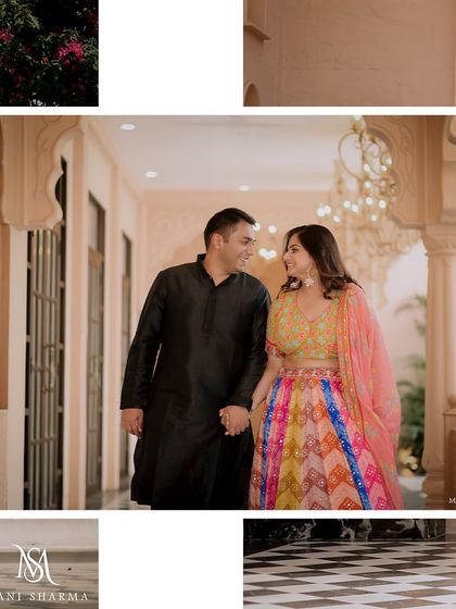 A walking shot of Kartik and Priyanka, capturing a natural interaction and the elegance of their pre-wedding attire.