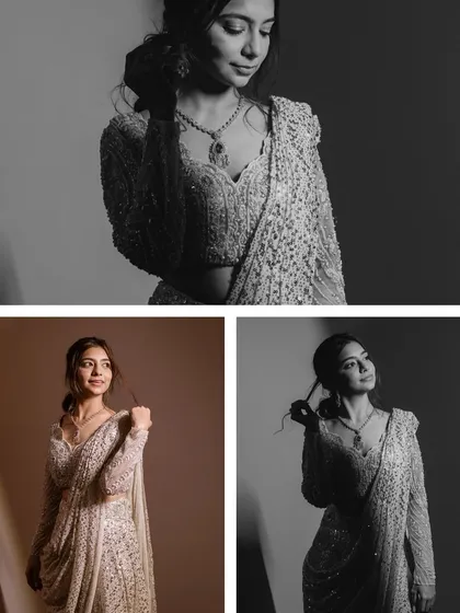 A collage of the bride's portraits from her engagement day, showcasing her elegance and style in both color and monochrome.