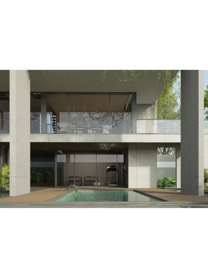 This render of the 'House on Water' shows the rear facade, with a private pool and balconies that overlook it. I use these to study the relationship between different program elements.