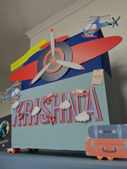 An angled view of the travel-themed hamper, showing the 3D effect of the planes and clouds.