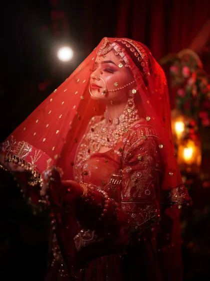 A dreamy shot of a bride under a red veil. The soft lighting creates a magical, romantic mood.