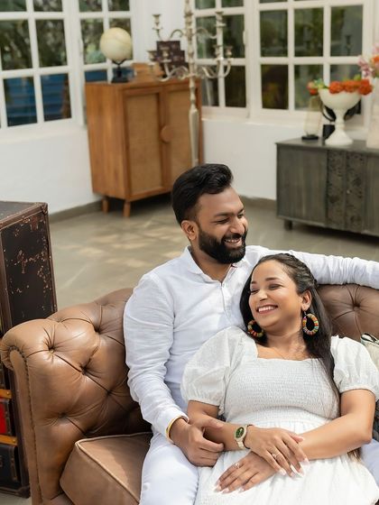 Another joyful moment from the same pre-wedding shoot. The makeup is light and enhances her natural beauty, perfect for this relaxed and happy theme.