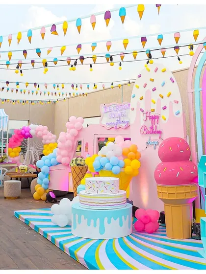 Welcome to the sweetest party in town. I designed a complete ice cream parlour experience, featuring a custom cake display, giant ice cream cone props, themed food carts, and a vibrant, pastel colour palette that made for a truly delicious day.