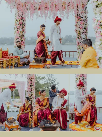 A collage of a beautiful lakeside Maharashtrian wedding ceremony, capturing the sacred fire and other important rituals.