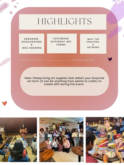Join us for an artists' meet-up in Delhi! It's a space to share your passion, learn from others, and connect with a supportive community of creators. All art forms are welcome!