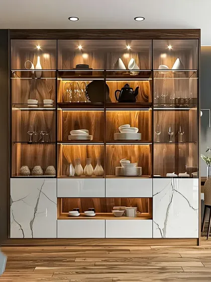 Our modern crockery cabinets are designed to display your finest dinnerware. This unit features a blend of wood, glass doors, and a marble-finish base, with internal backlighting to highlight your collection. It provides both open display shelves and concealed drawers for versatile storage.