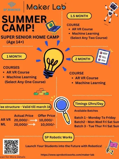 For our older students aged 14 and up, the Super Senior Home Camp offers advanced courses in AR/VR and Machine Learning. This poster provides information on the curriculum, duration, and special offer pricing for the camp.
