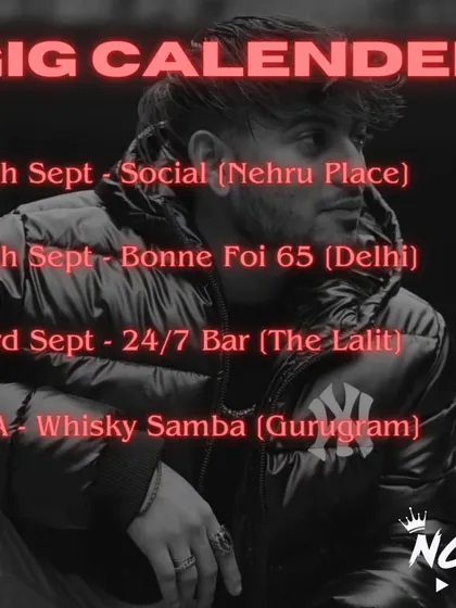 My gig calendar for September, showing a packed schedule at top venues in Delhi and Gurugram like Social, The Lalit, and Whisky Samba. This demonstrates my high demand and regular presence in the NCR nightlife scene.