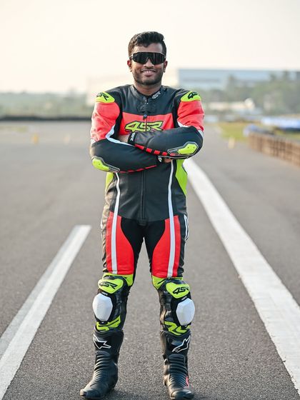 A portrait of Coach Pradeep, a versatile rider and a calm, dedicated mentor to every student at PRN Motorsport.