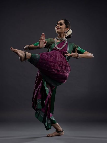 A dynamic pose for the goddess Kushmanda from the Navaratri series. The eight-armed goddess is believed to bestow health and wealth, and this pose reflects that vibrant energy.