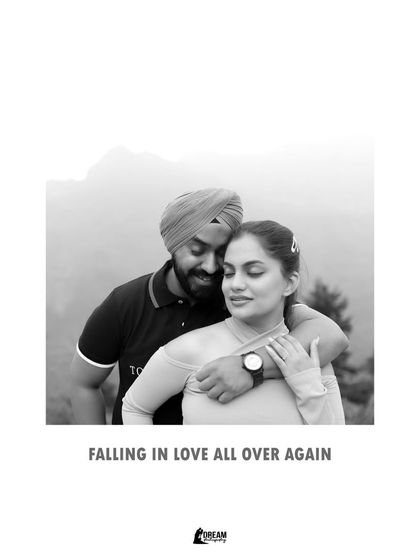 A tender black and white portrait with the caption "Falling in love all over again," capturing a quiet, emotional embrace.