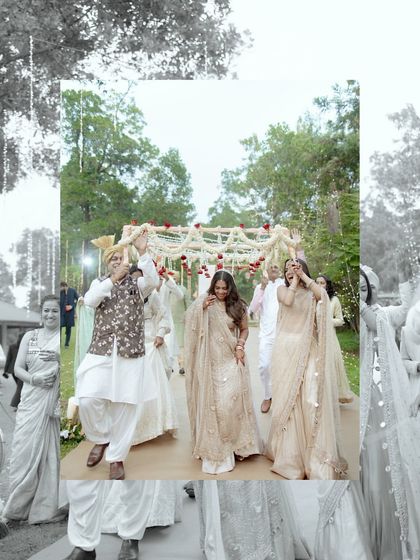 The bride's joyful entrance, dancing her way into the ceremony. This shot captures her happiness and the celebratory spirit of the moment, a beautiful alternative to a traditional walk.